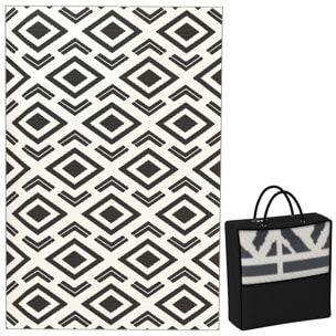 Alfombra de Exterior 182x274 cm Alfombra Reversible con Patrón Geométrico Impermeable Bolsa de Transporte para Terraza Balcón Patio Camping Playa Blanco y Negro