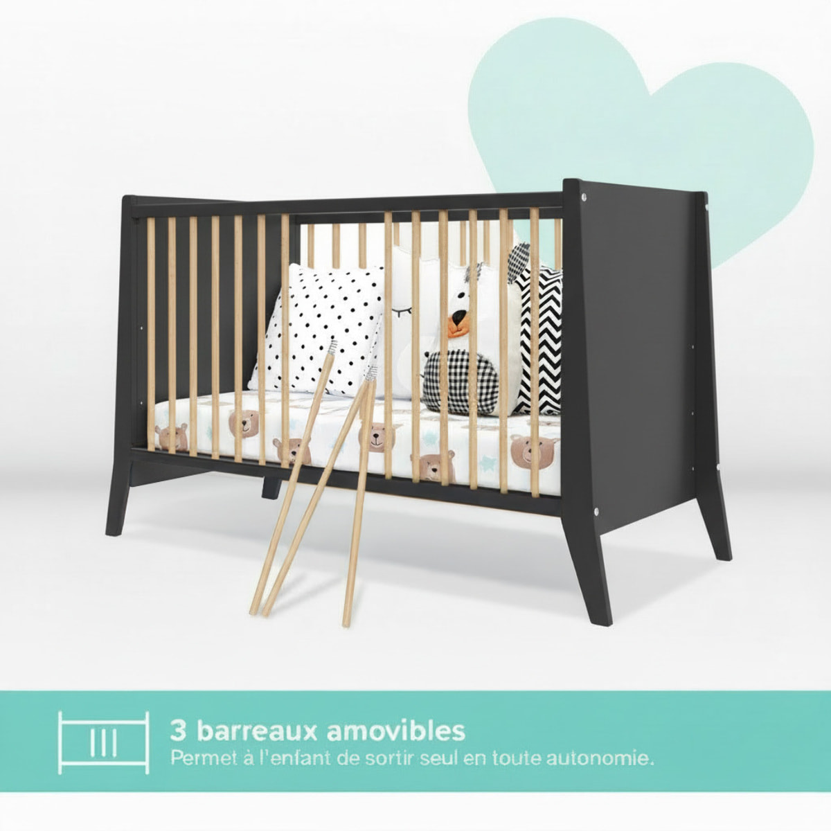 Lit Evolutif Timéo à barreaux 60 x 120 cm, Gris & Bois, En Bois, 3 Hauteurs, Barreaux amovibles