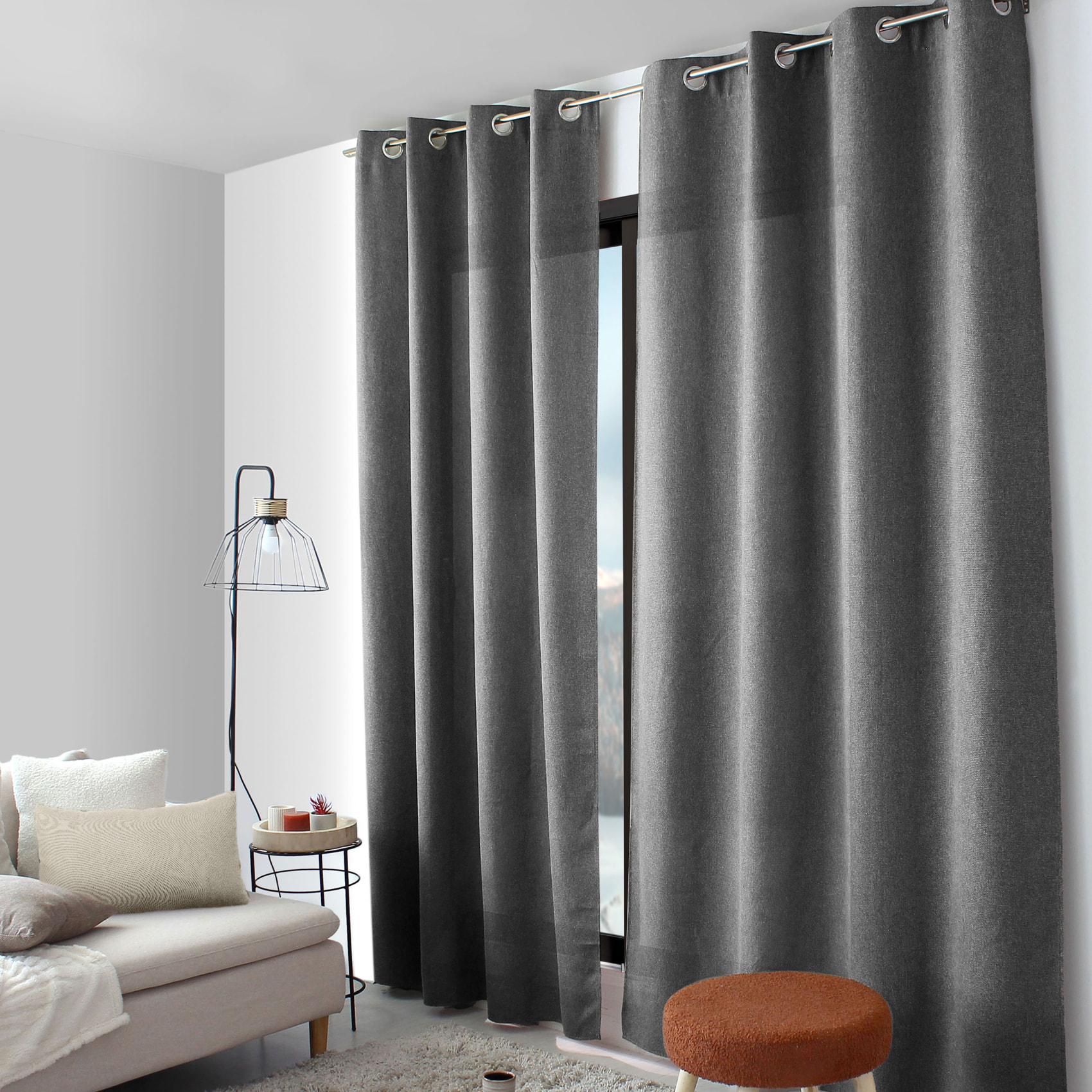 Rideau à oeillets en velours chenillé - Gris Foncé