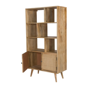 Etagère 6 niches 2 portes en cannage et bois de manguier - Cody