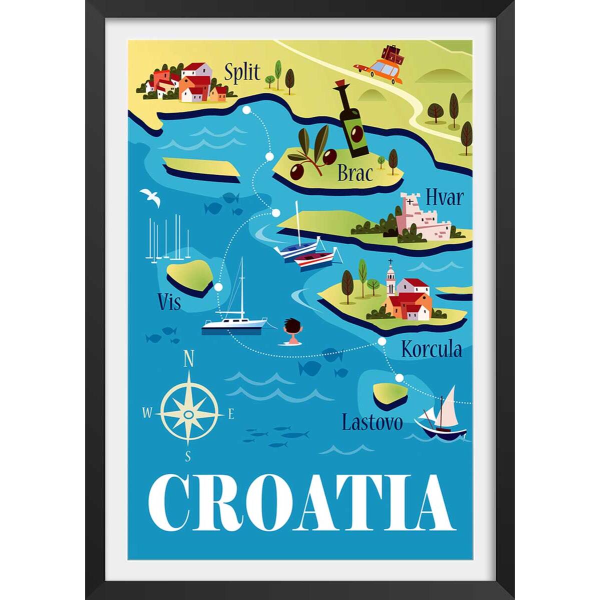 Poster de les iles de croatie Affiche + cadre en bois - Noir