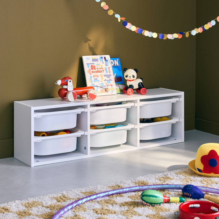 Meuble de rangement pour enfant. blanc. 6 bacs en plastique