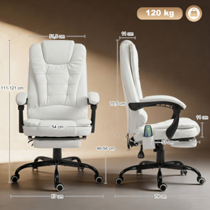 Silla de Oficina con Masaje Vibratorio de 7 Puntos, Silla de Escritorio Giratoria Reclinable con Reposapiés Retráctil, Altura Ajustable, Respaldo Alto, Control Remoto y Tejido de PU, Blanco