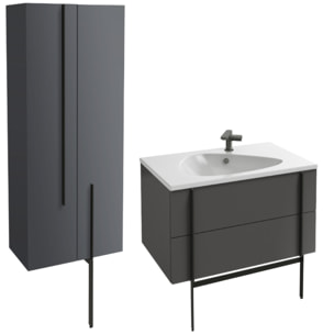 Meuble de salle de bain 80 cm Nouvelle Vague gris brillant + colonne 2 portes + pied