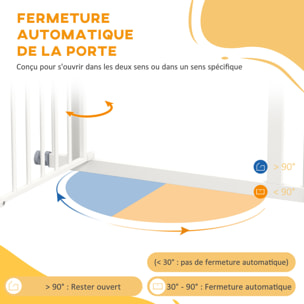 Barrière de sécurité pour chien extensible 74-80 cm, double verrouillage, fermeture automatique, barrière d'escalier à fixation par pression sans percer, hauteur 76 cm, blanc