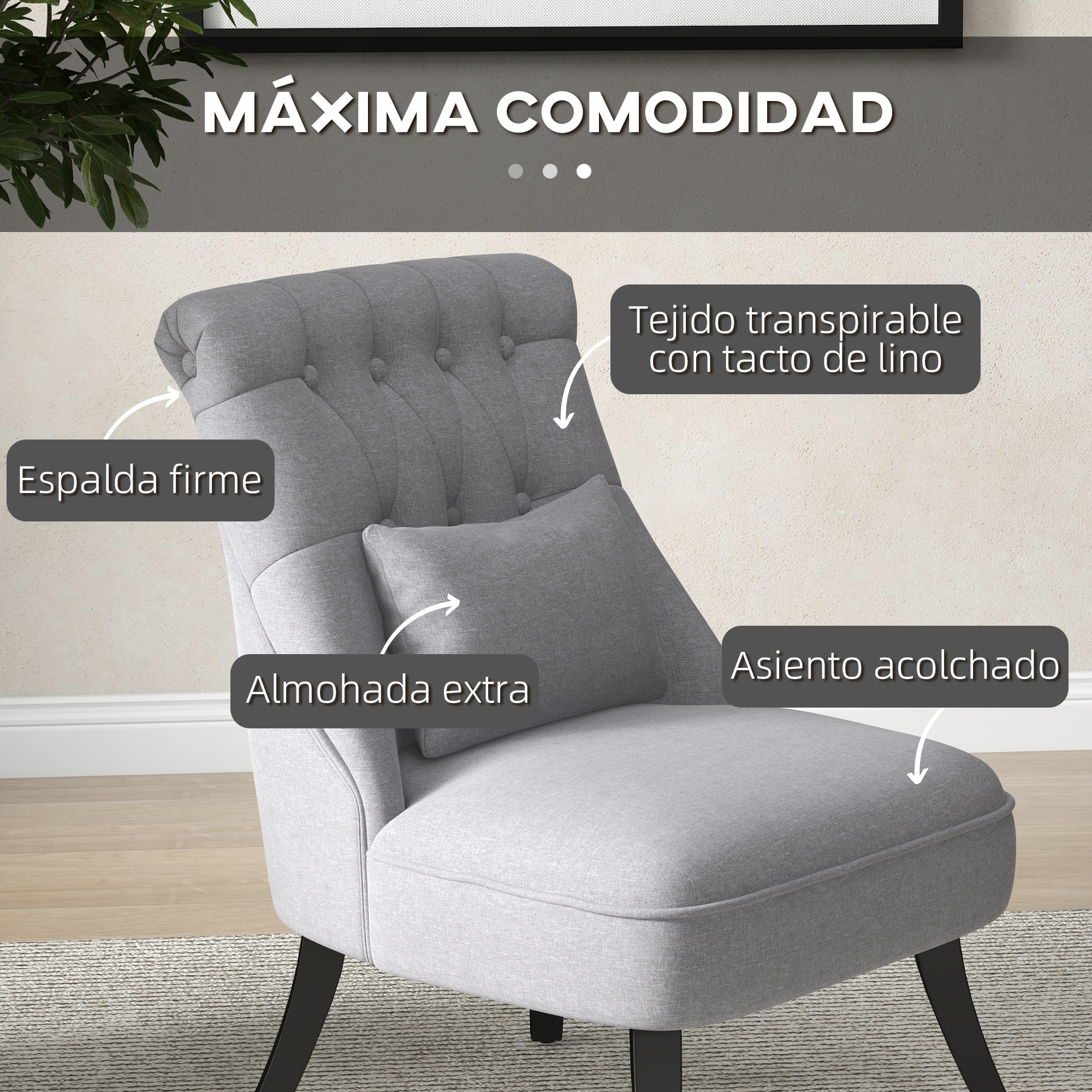 Butaca de Dormitorio Moderna Butaca de Salón Tapizado en Lino con Cojín y Marco de Madera Sillón para Sala de Estar Gris