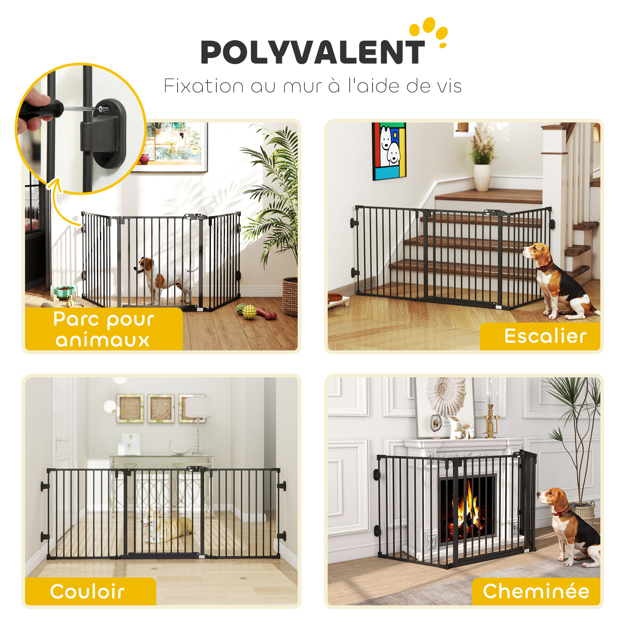 Barrière de sécurité chien pliable modulable 3 panneaux une porte dim. max. L.202,5 x H.76 cm - acier noir