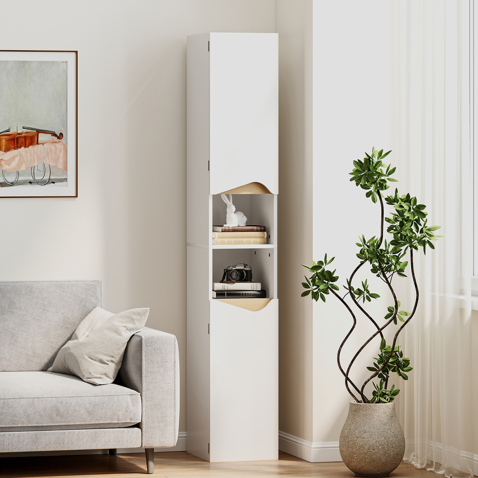Colonne salle de bain design 2 portes 2 étagères 2 niches effet bois clair blanc