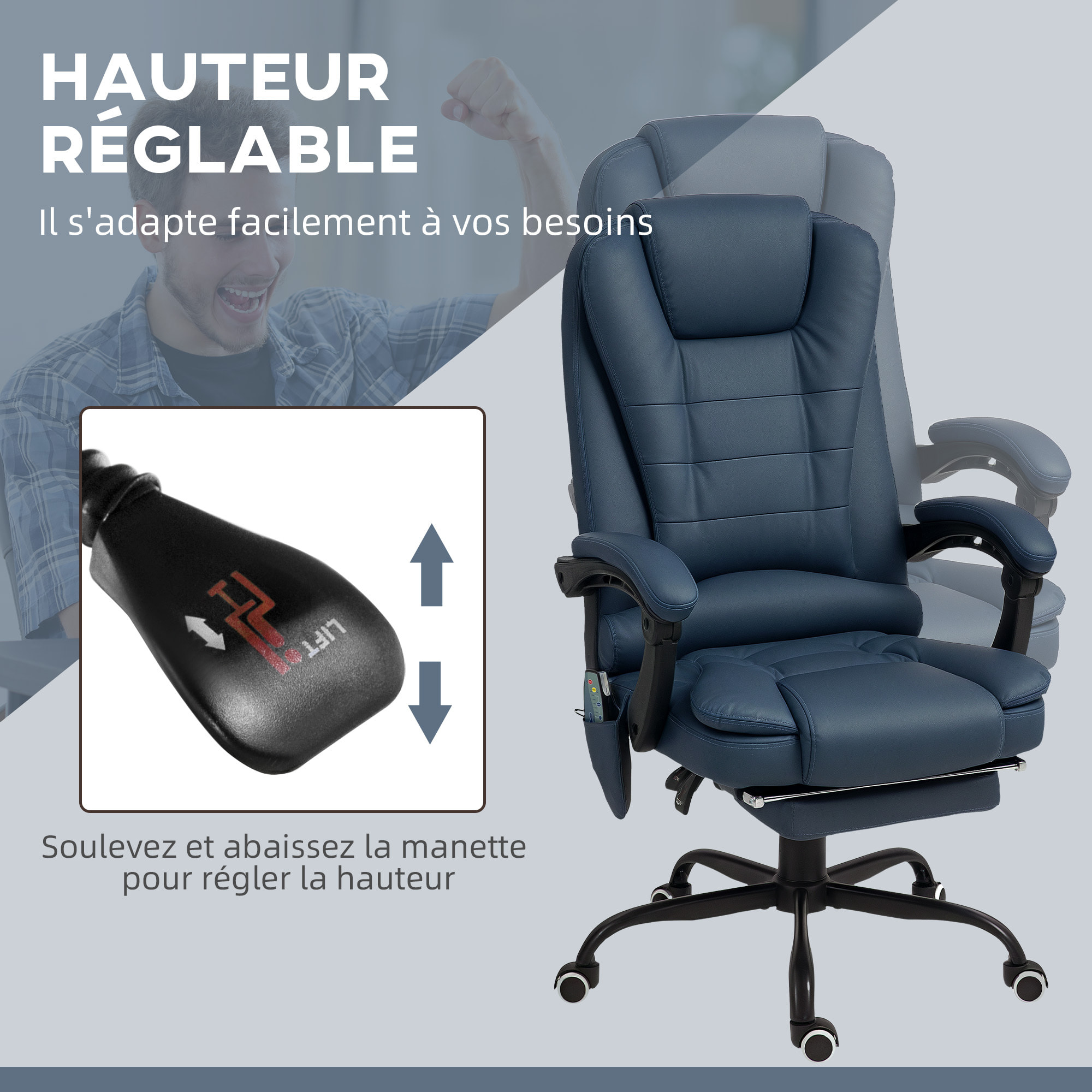 Fauteuil de bureau direction massant inclinable réglable repose-pied coussin lombaires synthétique bleu