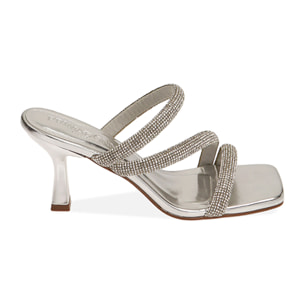 Mules argento con strass, tacco 7,5 cm