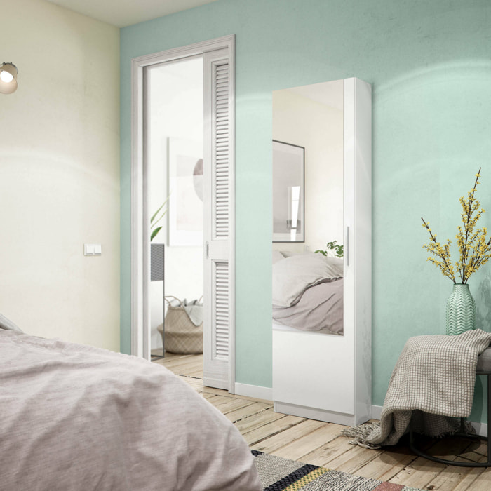 Scarpiera Euro, Armadio portascarpe alta a 1 anta, Mobile portascarpe moderno, Armadio da ingresso con specchio, 50x22h180 cm, Bianco
