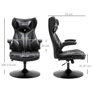 Fauteuil gaming base ronde métal pivotante 360° hauteur réglable tétière accoudoirs relevables PVC gris noir