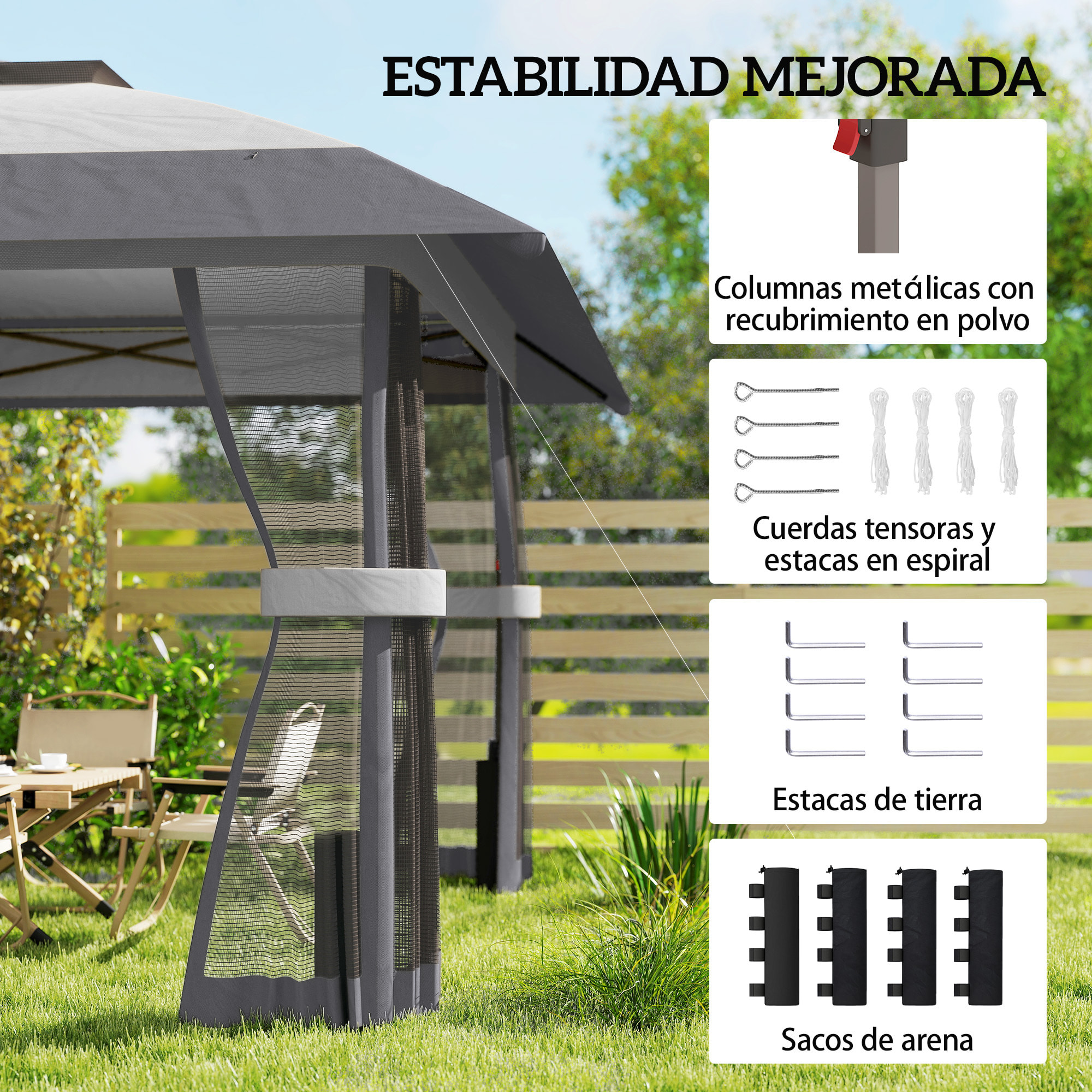 Carpa Plegable 4x4 m, Pop-up, con Doble Techo, 4 Paredes Laterales de Malla, Cenador de Jardín con Altura Ajustable 3 Niveles, Bolsa de Transporte, UPF30+, Gazebo para Camping, Fiestas, Gris