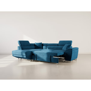 Baoji - Canapé d'angle gauche 5 places convertible avec têtières et coffre en velours côtelé - Bleu