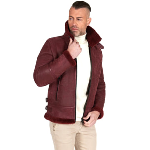 Montone bordeaux Shearling biker uomo collo camicia con fibbia