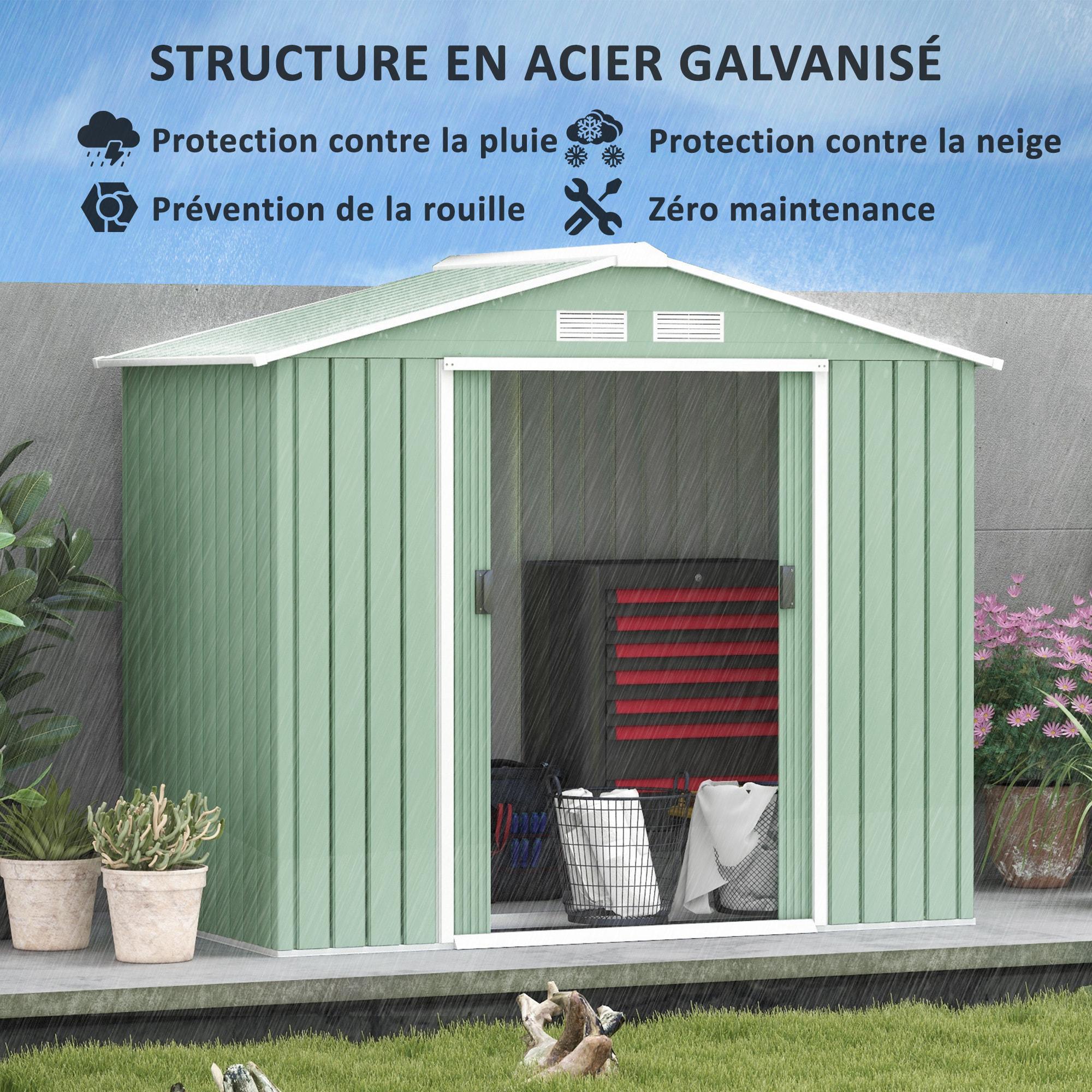 Abri de jardin - remise pour outils - cabanon porte verrouillable - dim. 213L x 130l x 185H cm - tôle d'acier vert pastel