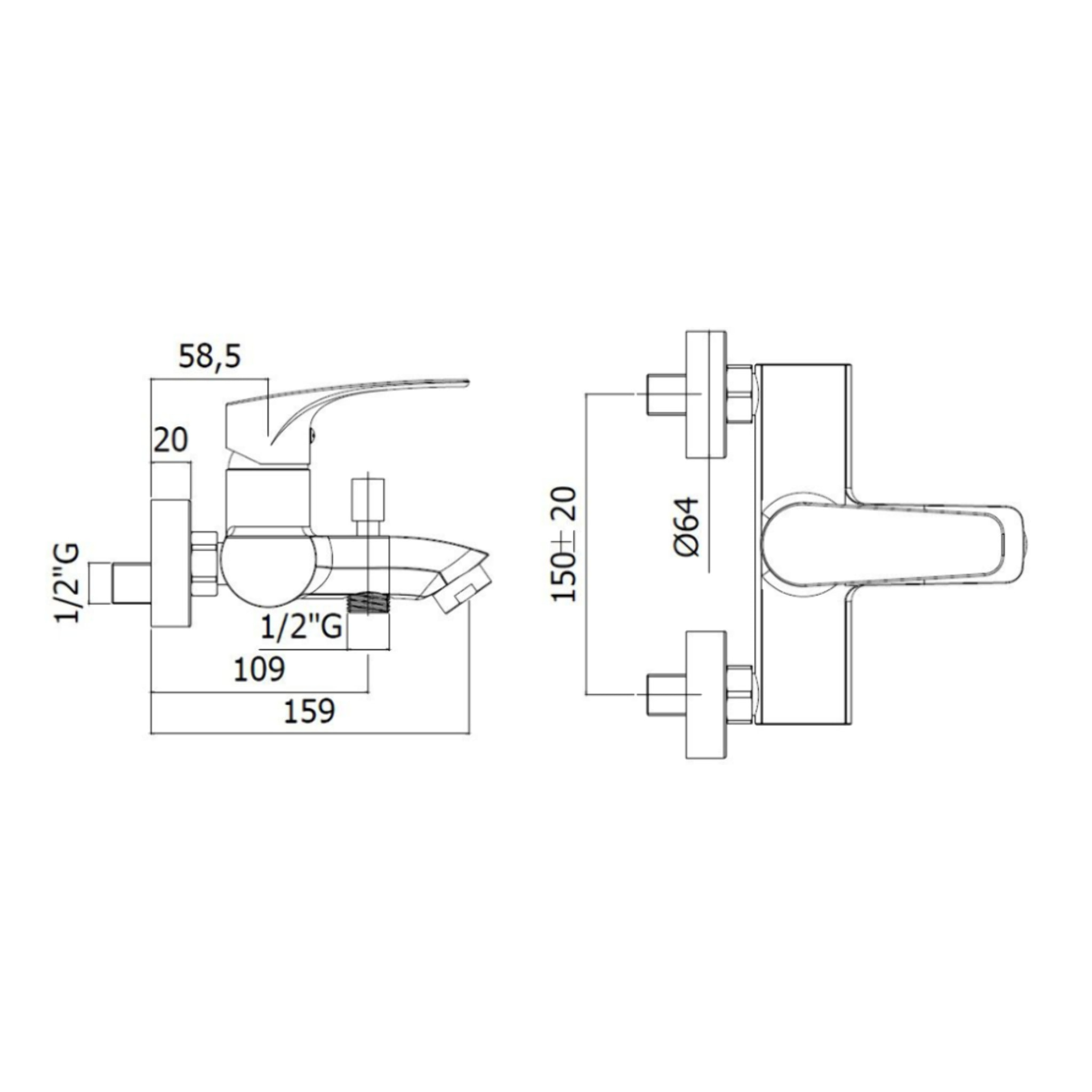 Project mitigeur de baignoire mural 150 mm, à levier, sans set de douche, noir mat (SATBSPRO222C)