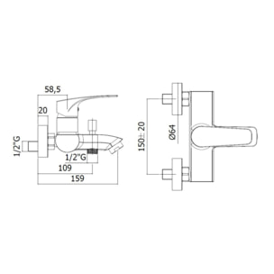 Project mitigeur de baignoire mural 150 mm, à levier, sans set de douche, noir mat (SATBSPRO222C)