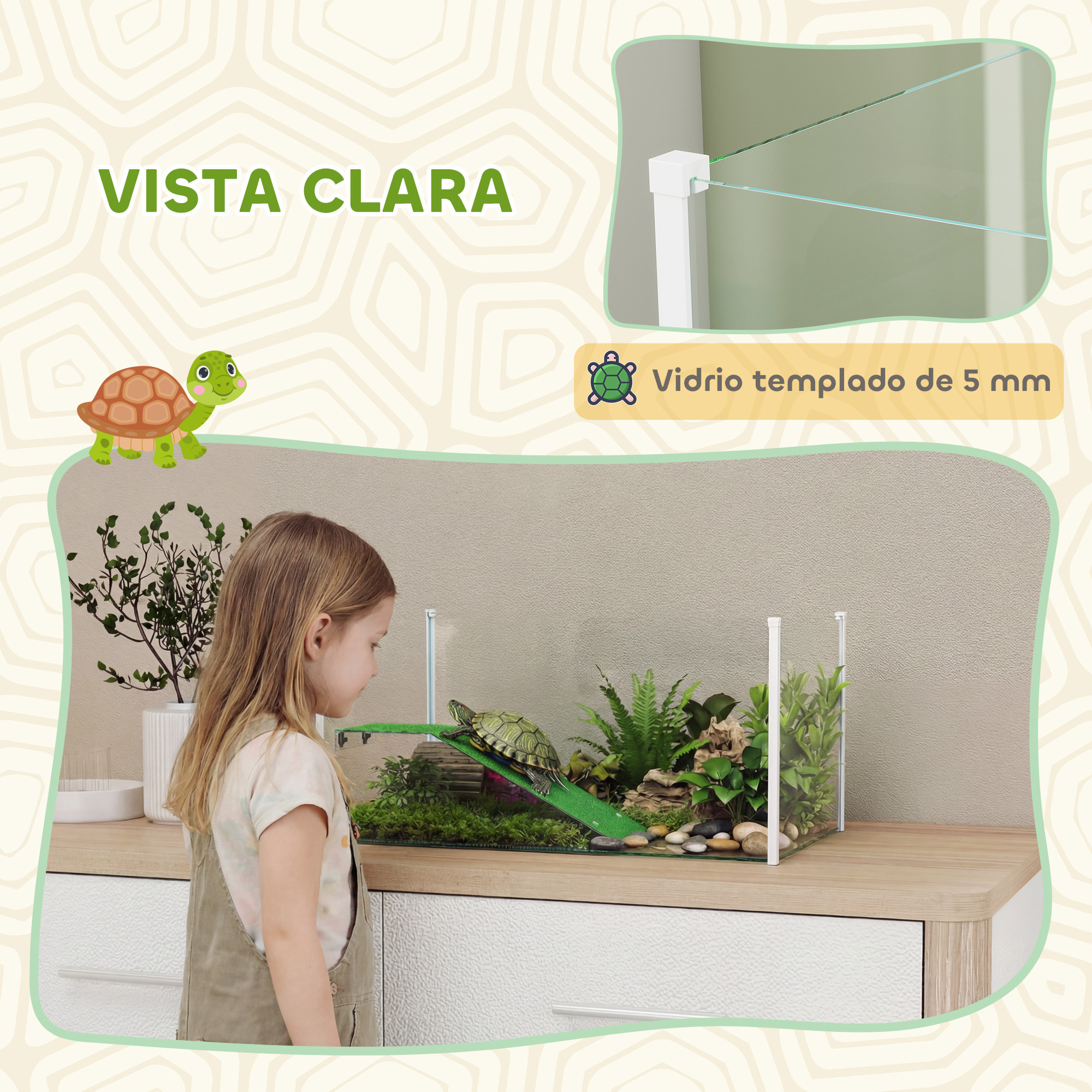 Acuario para Tortugas, Terrario de Tortugas con Plataforma y Rampa con Superficie de Césped Artificial, Vista Panorámica 360°, para Peces Pequeños, Camarones, 60x35x28 cm, Blanco