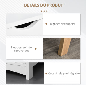 Meuble TV bas sur pied style scandinave 2 portes 2 niches passe-fils panneaux particules MDF blanc bois massif hévéa