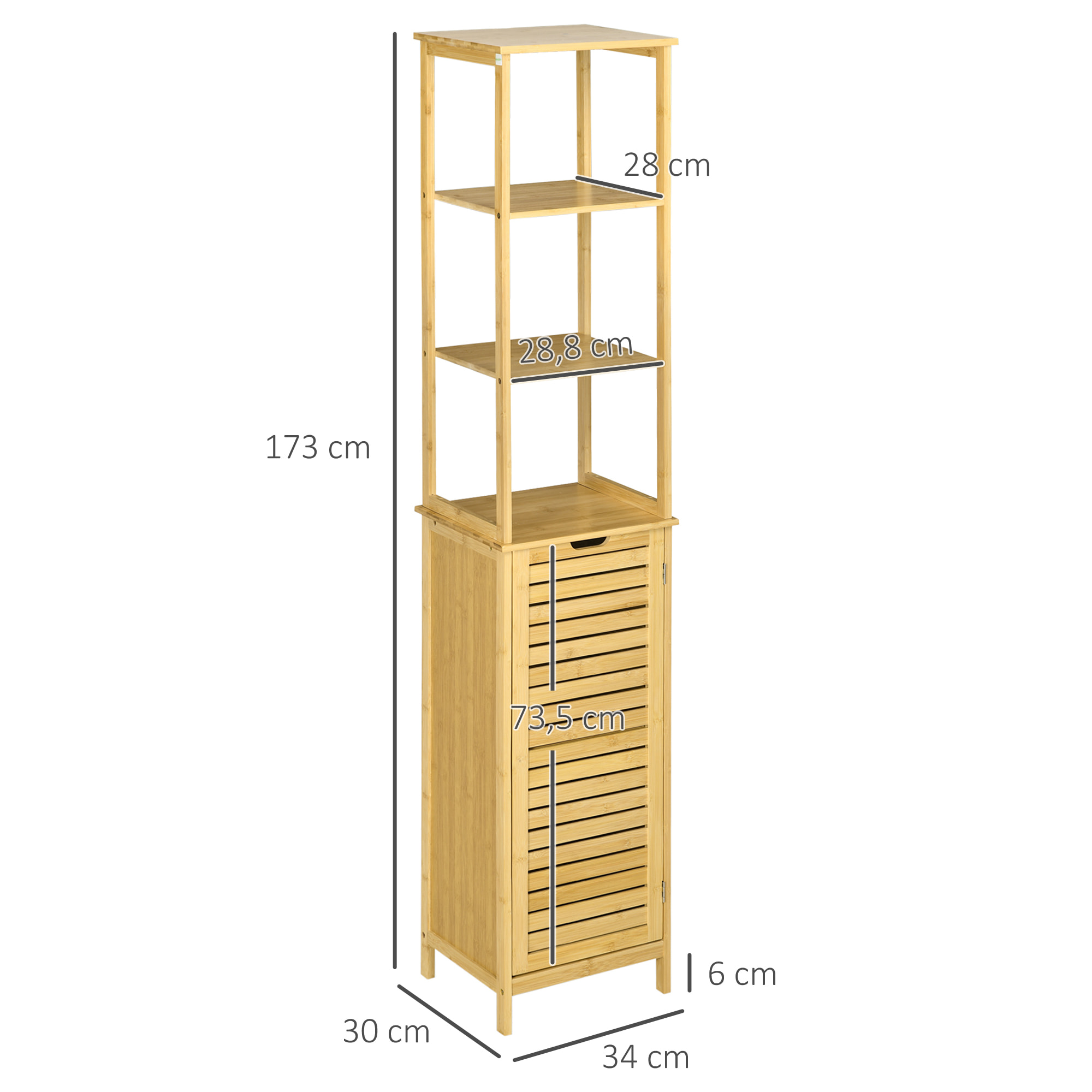 Estantería de Baño de Bambú Armario Alto para Baño con 3 Estantes y 1 Puerta Mueble Columna de Almacenaje para Salón 34x30x173 cm Natural