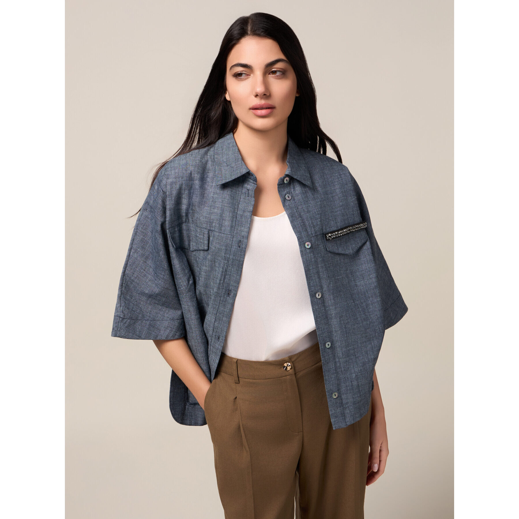 Oltre - Camisa oversize mezcla de lino efecto denim - Azul