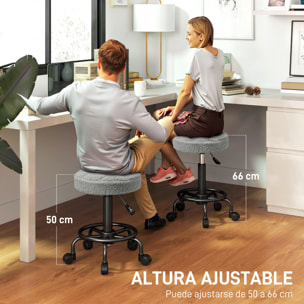 Taburete Giratorio Redondo Taburete con Ruedas Altura Regulable 50-66 cm Asiento Tapizado en Tejido de Borreguito para Salones Talleres Spa Masaje Gris