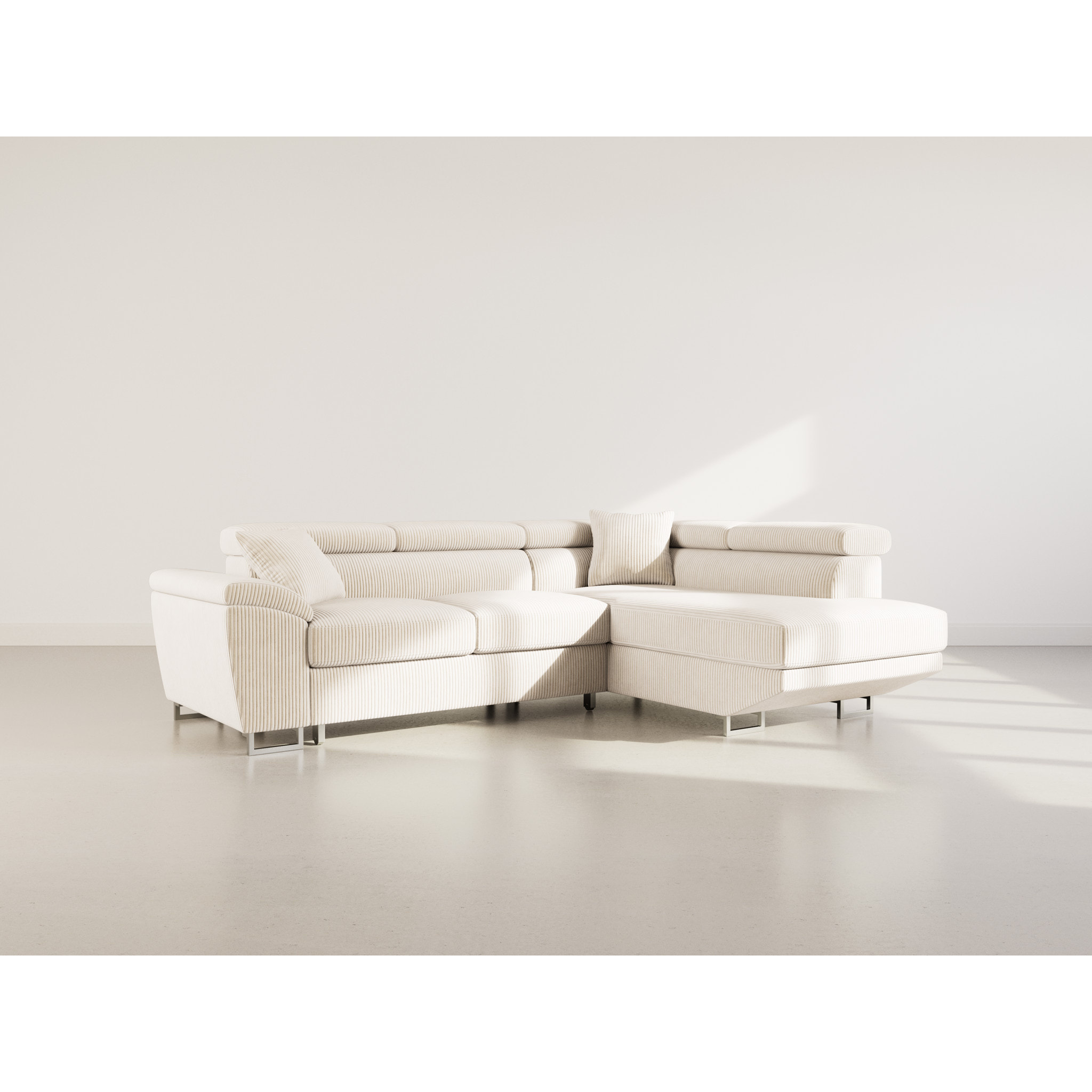 Baoji - Canapé d'angle droit 5 places convertible avec têtières et coffre en velours côtelé - Beige