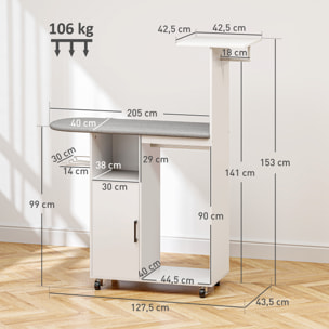 Mueble de Planchar con Ruedas y Soporte Lateral Mueble de Planchado con Tabla de Planchar Barra para Ropa Estante Ajustable 127,5x43,5x153 cm Blanco