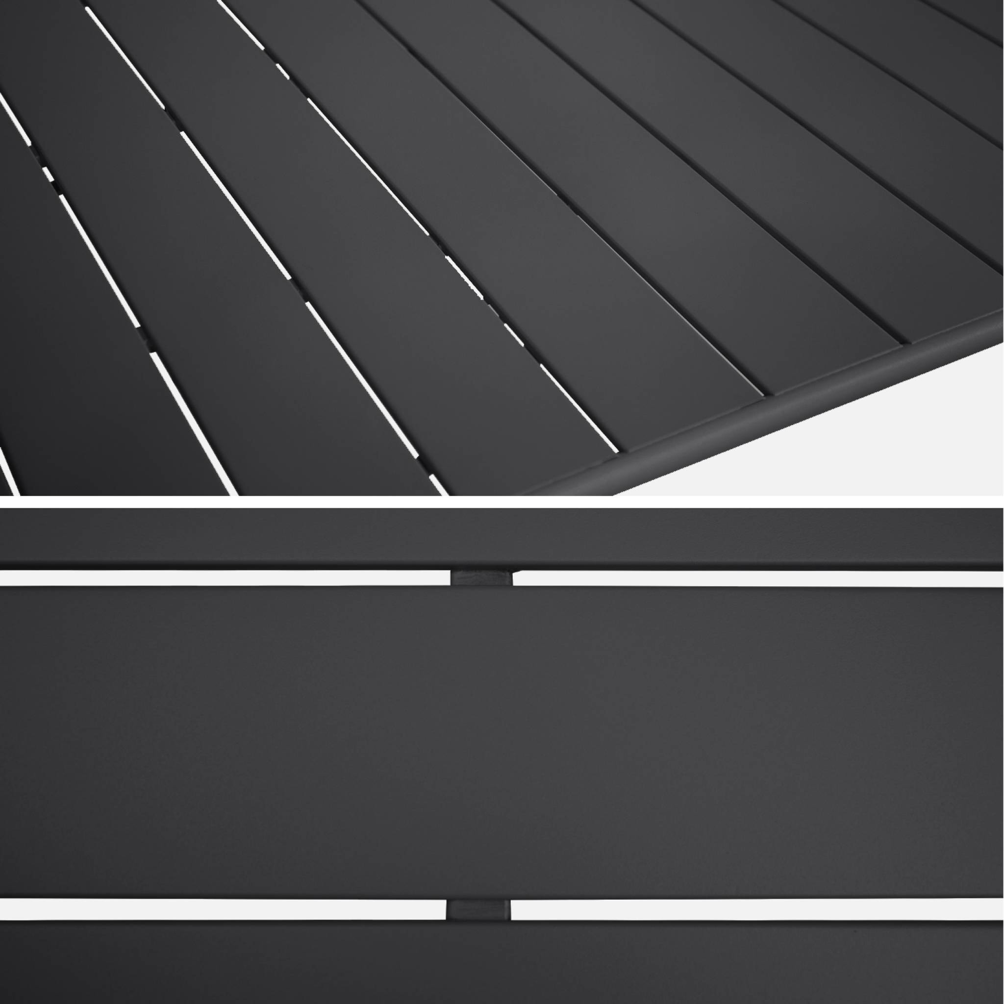Table de jardin pliante métal 6 places. anthracite. Amelia. 140x80cm. traitement antirouille. lattes et bords arrondis