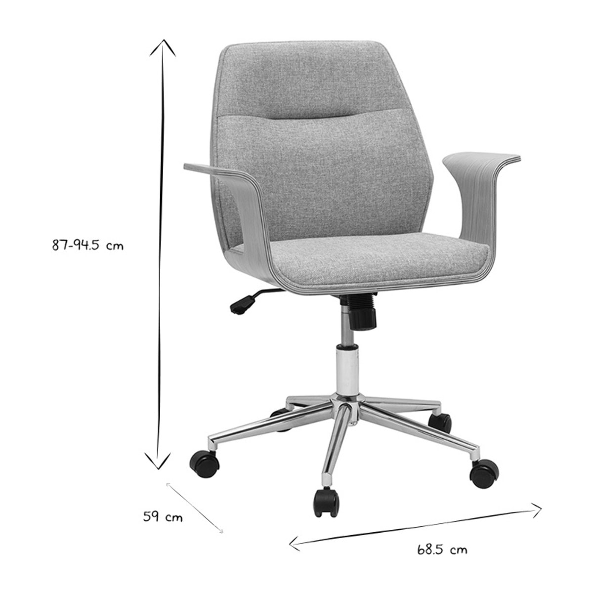Chaise de bureau à roulettes design en tissu effet velours texturé gris, bois clair et acier chromé RUFIN