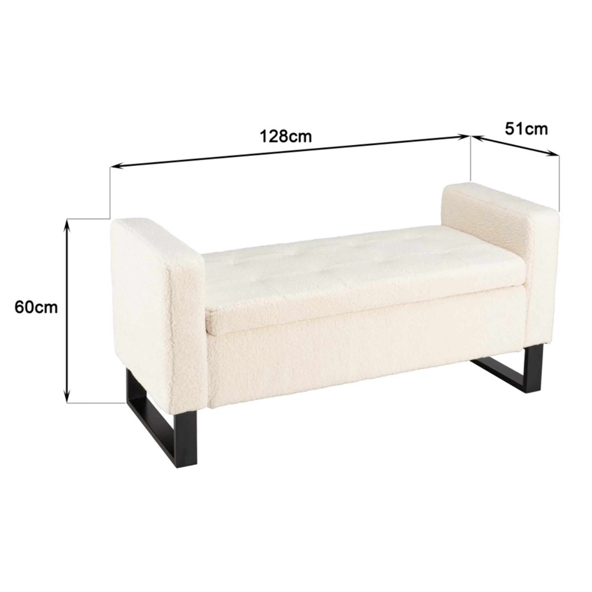 LEOPOLD - Banc tissu bouclette écru avec rangement et pieds métal noir