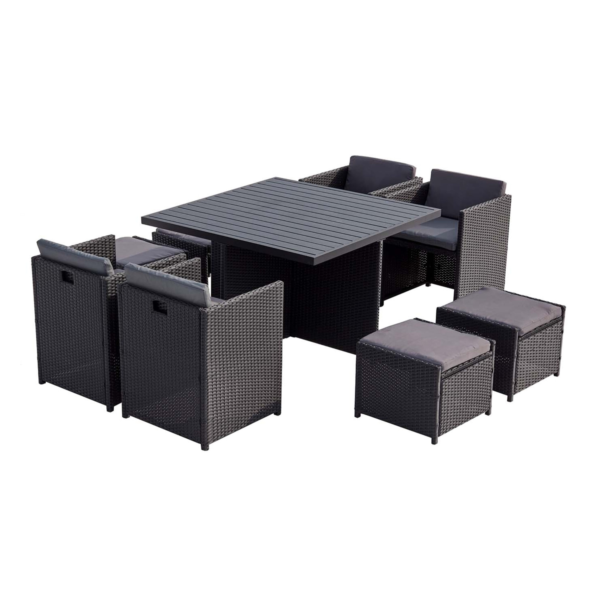 Table et chaises 8 places encastrables alu et résin noir-gris ABASA