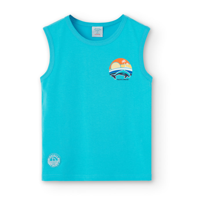 Camiseta sin mangas niño, estampado, azul turquesa