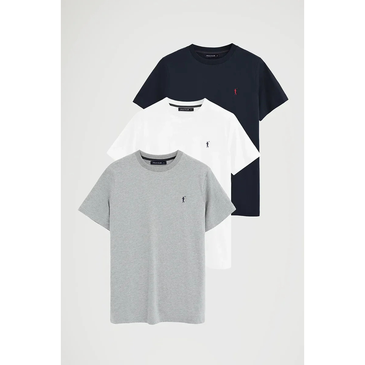 Pack hombre de tres camisetas azul marino, blanca y gris vigoré de manga corta y bordado Rigby Go