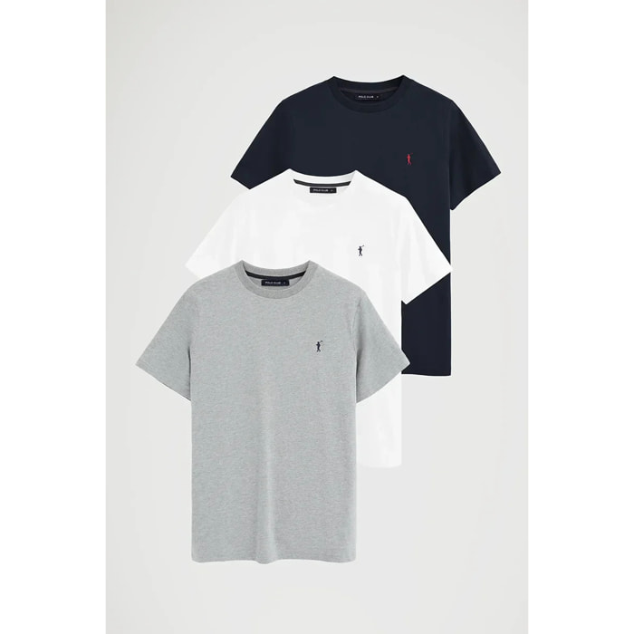 Pack hombre de tres camisetas azul marino, blanca y gris vigoré de manga corta y bordado Rigby Go