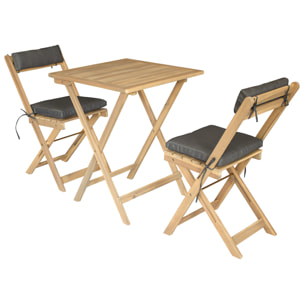 Ensemble table et chaises 2 places en acacia et coussins gris BENAGIL