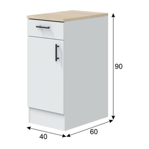 Mobile 1 anta con cassetto Orvia, Mobile contenitore misto, Base cucina con anta e cassetto, Modulo multiuso, 40x60 h90 cm, Bianco e Rovere