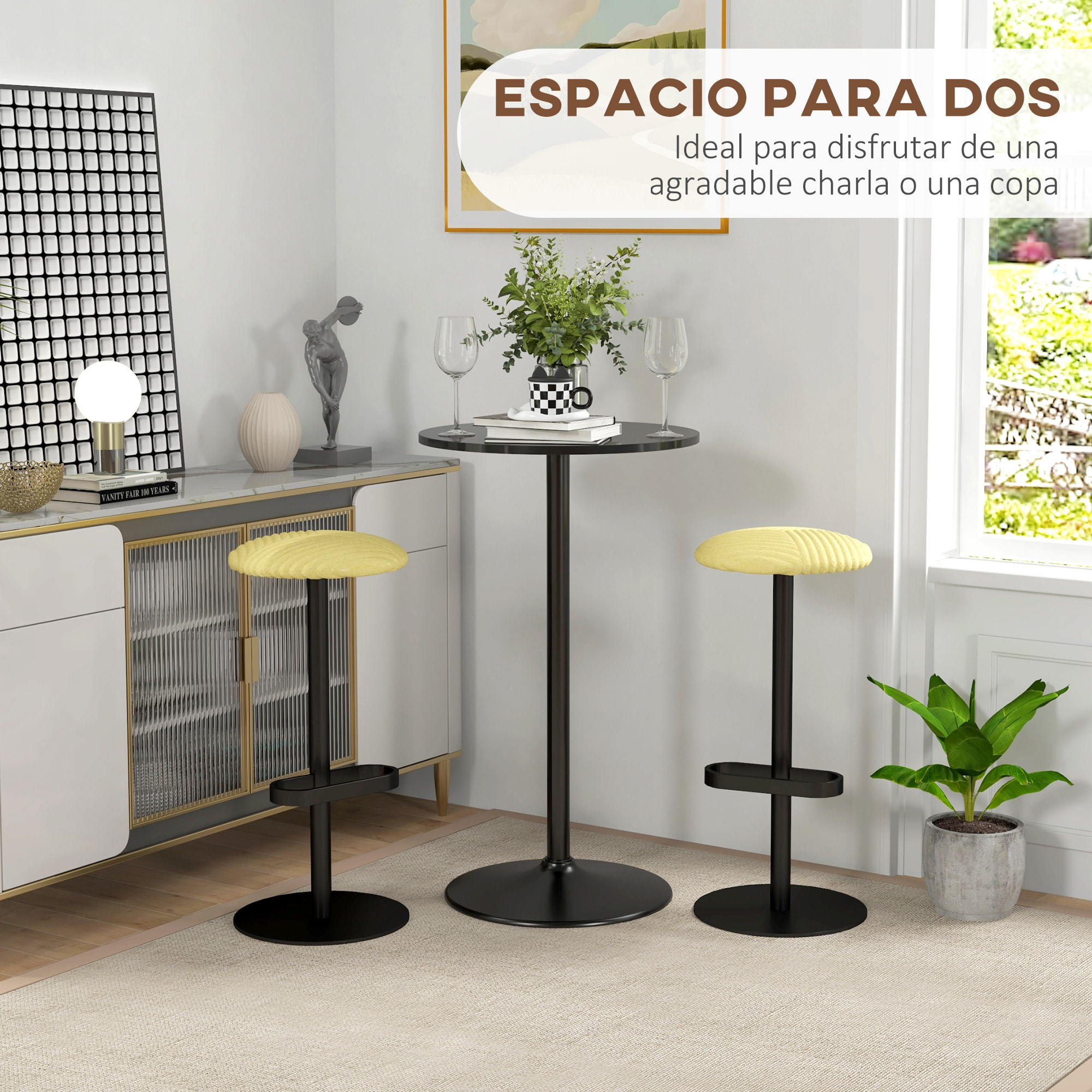 Mesa de Bar Redonda Mesa Alta de Cocina Moderna con Encimera Laminada y Marco de Acero para 2 Personas para Casa Comedor Ø60x102 cm Negro