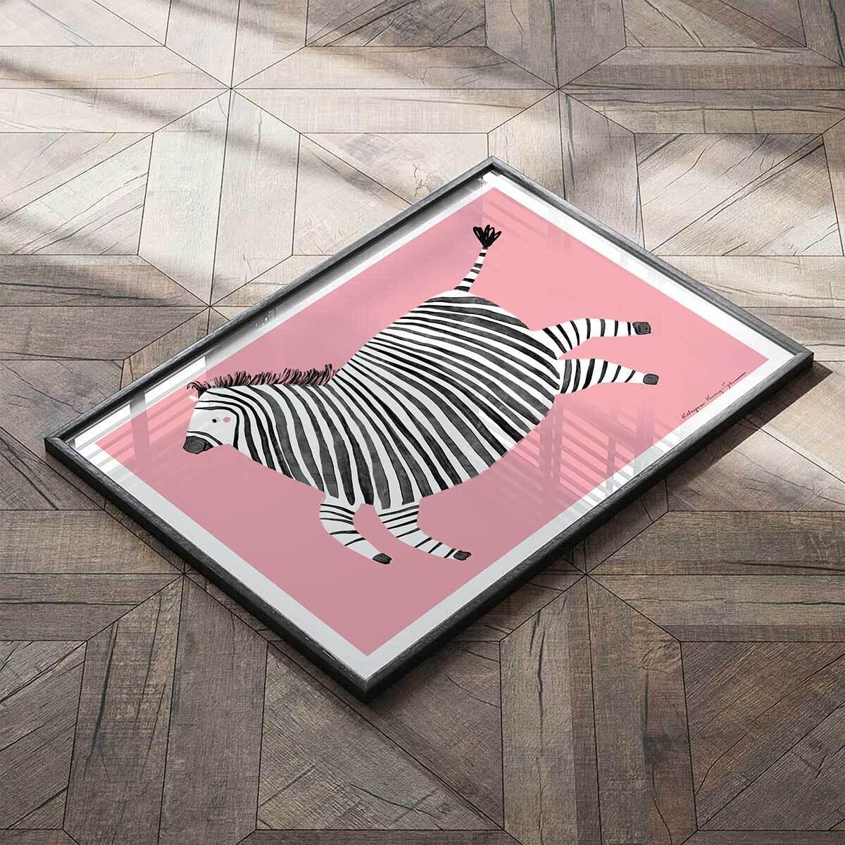 Affiche enfant zèbre rose  Affiche sous cadre noir