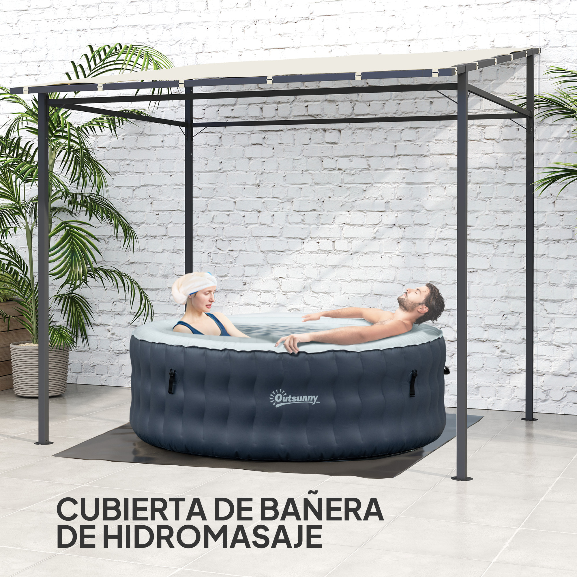 Pérgola de Pared 2,4x2,4 m Cenador de Jardín con Techo Inclinado Protección UV 30+ Impermeable y Marco de Metal para Patio Terraza Balcón Crema