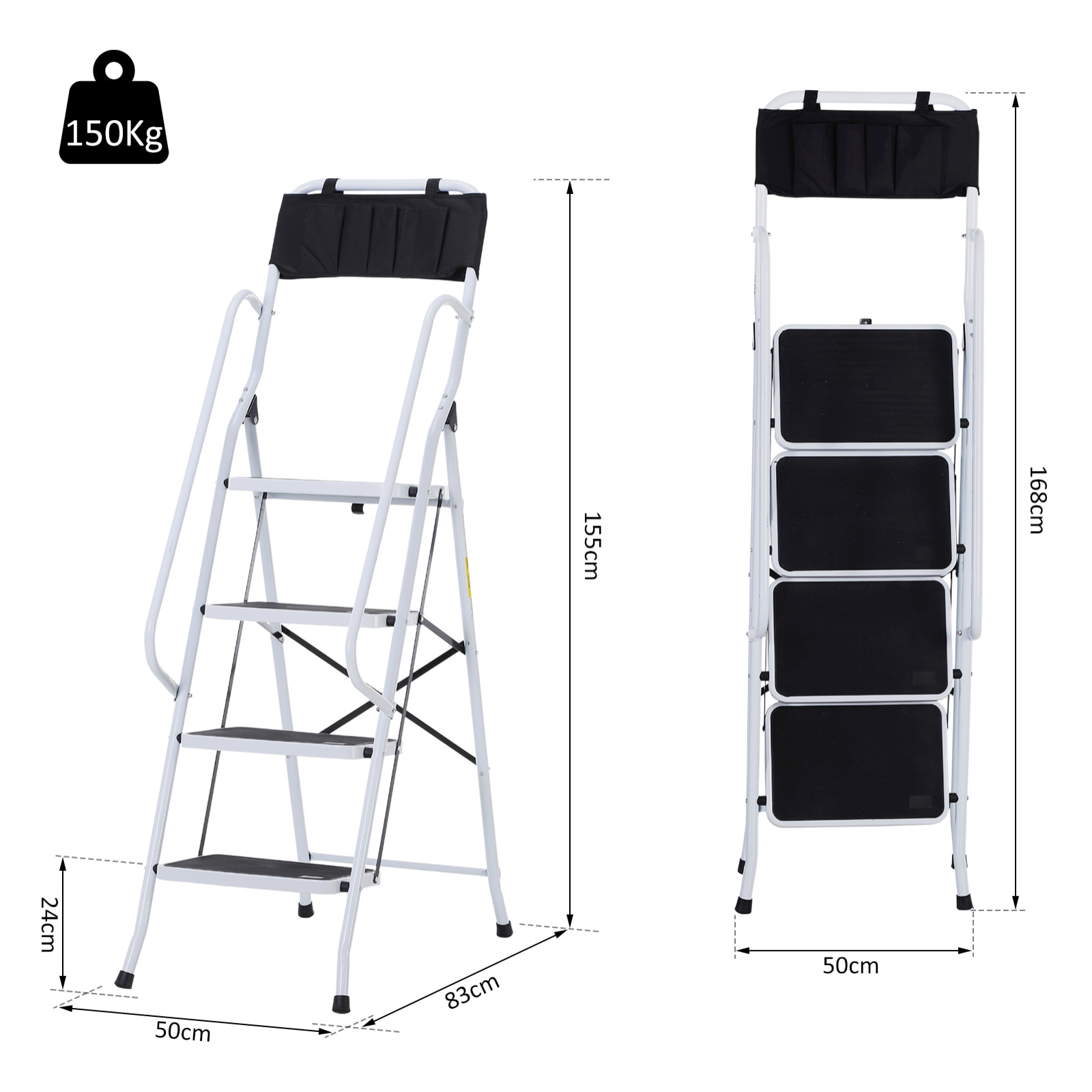 HOMCOM Escabeau pliable 4 marches XL antidérapantes double garde corps hauteur max. 1,55 m charge max. 150 Kg pochette outils intégrée acier blanc noir