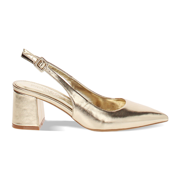 Décolleté slingback donna dorate, tacco largo 6,5 cm
