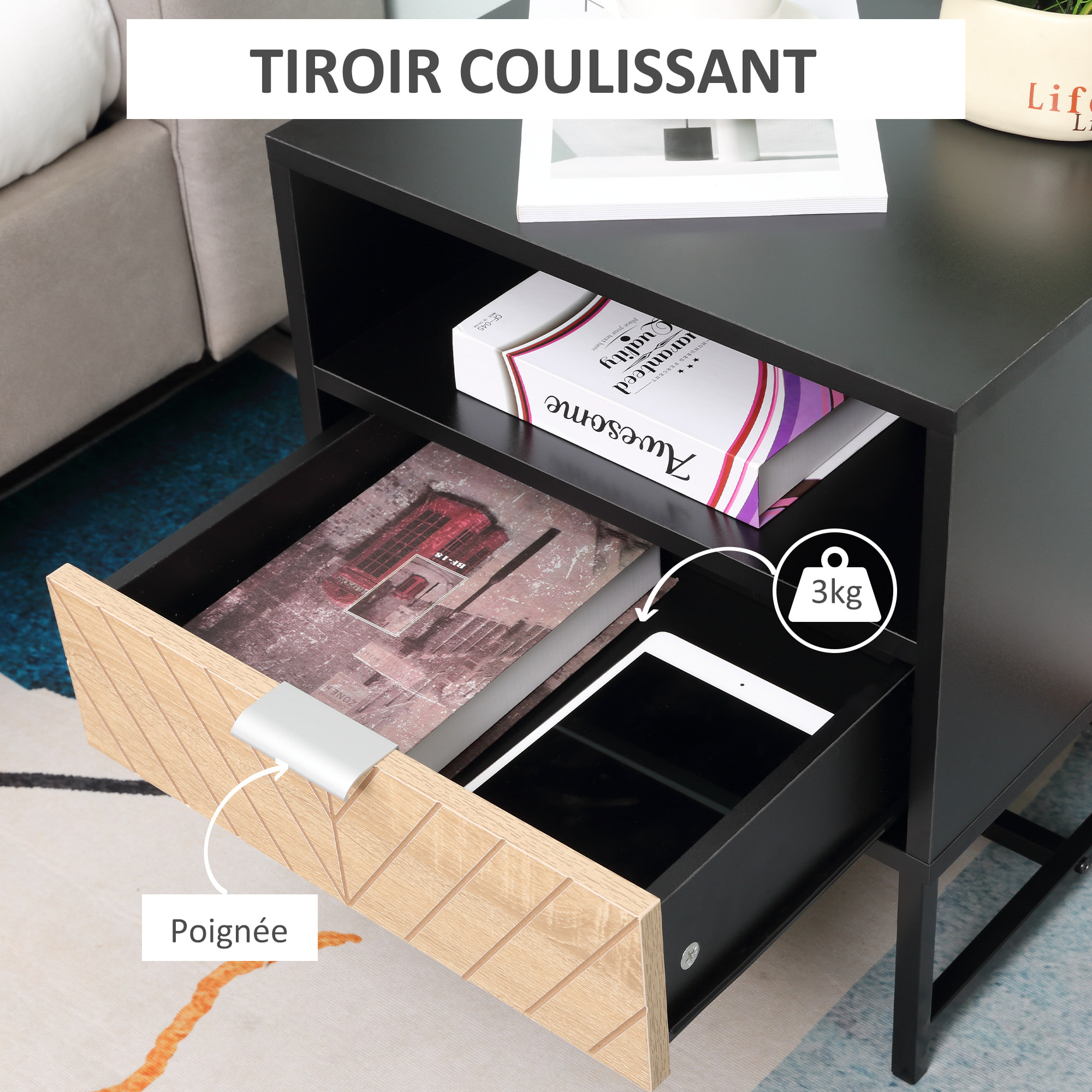 Table de chevet table de nuit style industriel tiroir niche piètement métal panneaux particules aspect bois de chêne sculpté à chevrons noir