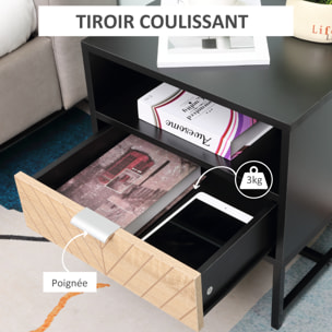 Table de chevet table de nuit style industriel tiroir niche piètement métal panneaux particules aspect bois de chêne sculpté à chevrons noir