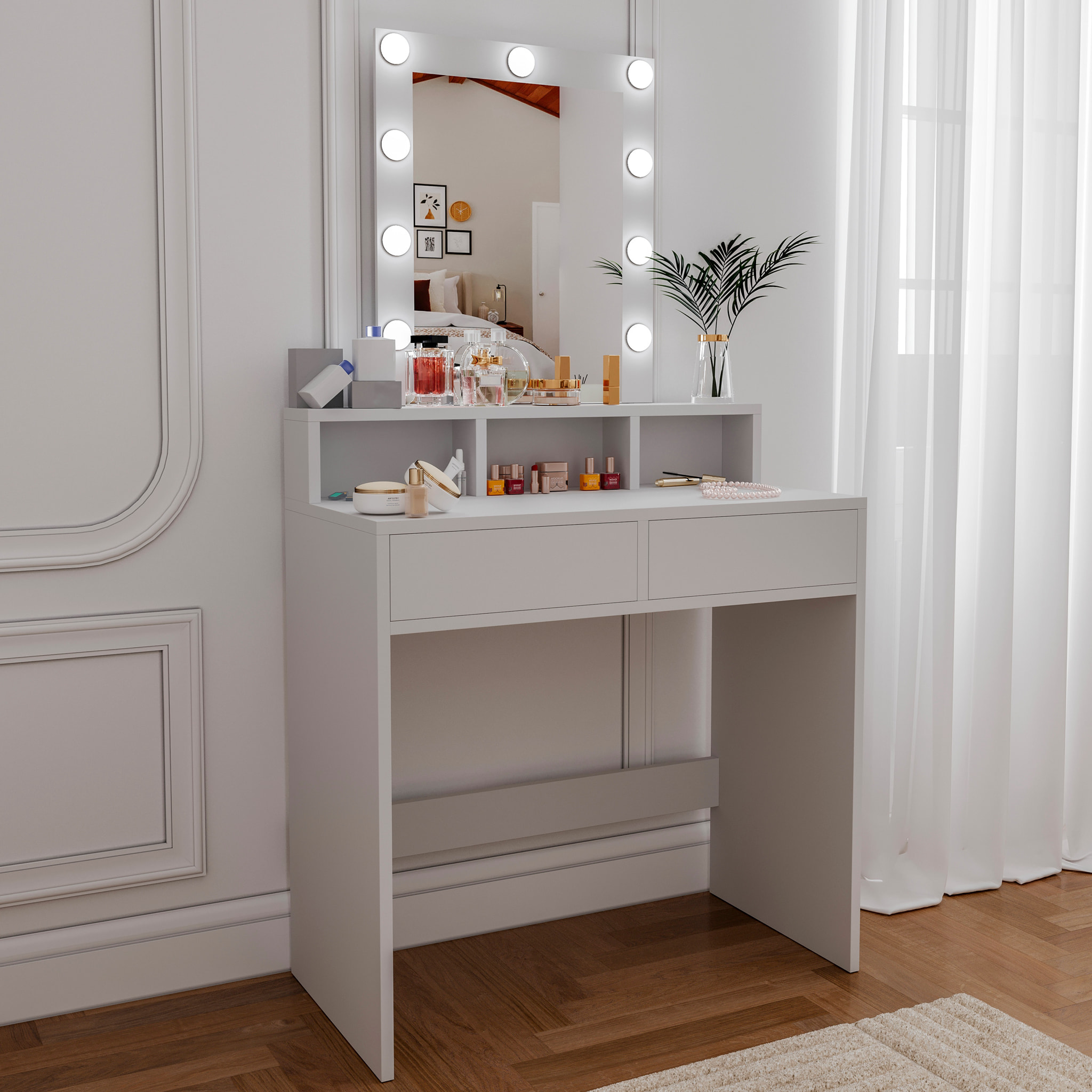 Toeletta Tavolino Da Trucco Tavolo Con 9 Luci LED Luminosità Regolabile Specchio 2 Cassetti 3 Scomparti Giorno Postazione Make Up 40x80x145 Cm Bianco