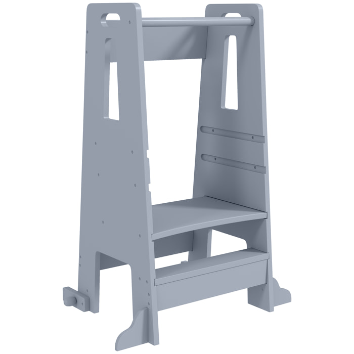 Torre de Aprendizaje Taburete de Aprendizaje para Niños de +3 Años con Pedal Altura Ajustable en 3 Niveles y Barrera de Seguridad para Baño Cocina 45x47,5x91 cm Gris