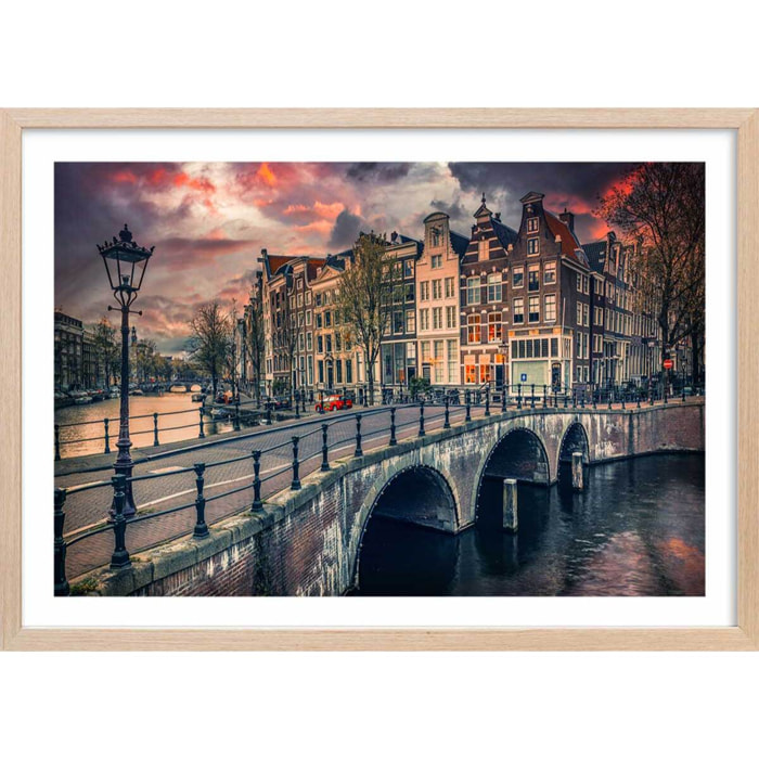 Affiche deco Amsterdam Canaux et ponts Affiche + cadre en bois - Chêne