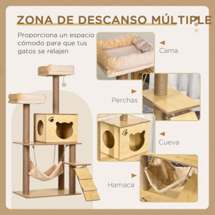 Árbol Rascador para Gatos Altura 130 cm Torre para Gatos con Postes Rascadores de Yute 2 Camas Hamaca Cueva Bola Colgante y Rampa 60x40x130 cm Natural