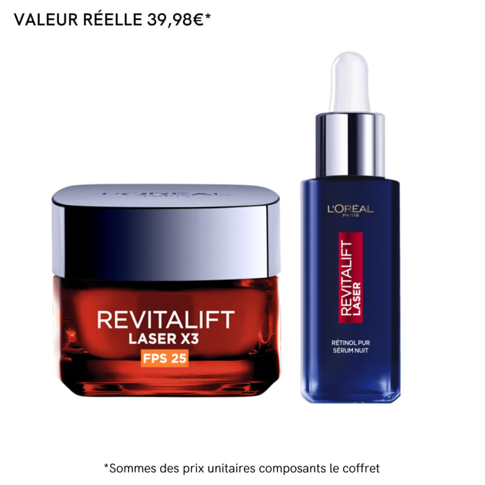 Revitalift Laser Coffret Routine Sérum Nuit & Crème de Jour FPS 25 – Rétinol Pur, Pro-rétinol, Acide Hyaluronique & Vitamine Cg